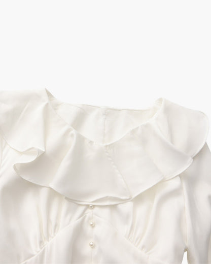 Pearl Button Ruffle Midi Dress